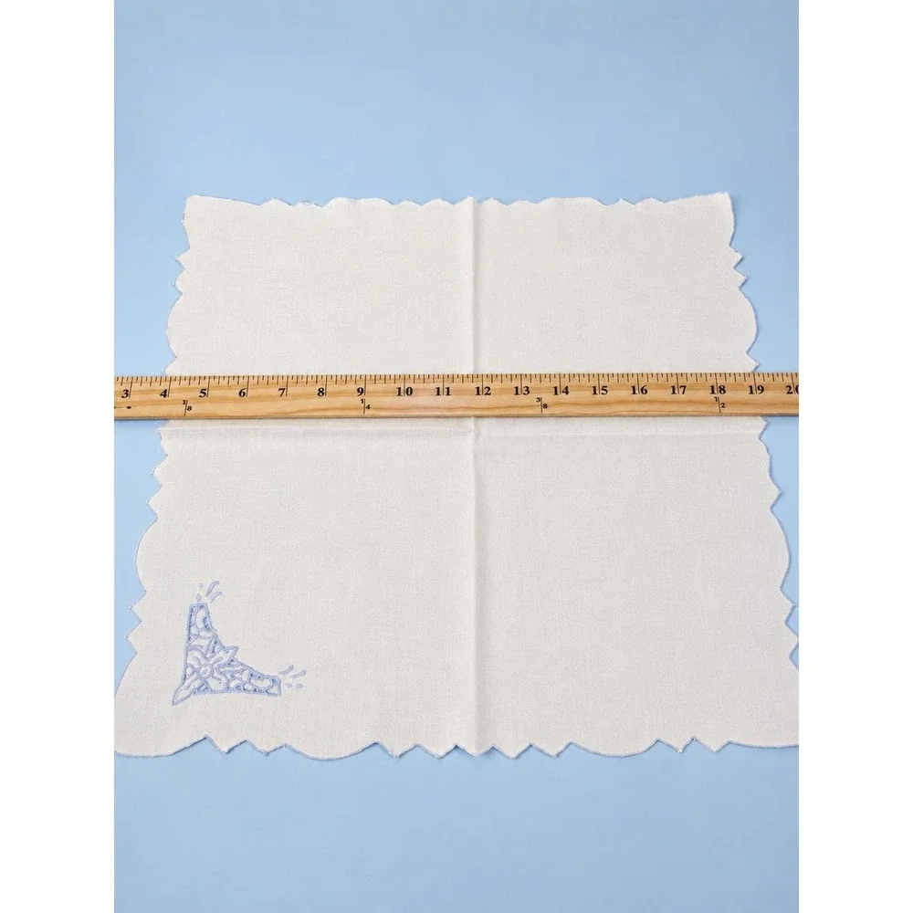 Vintage Set of 8 White Embroidered Napkins Blue Cutwork Scalloped Edge
